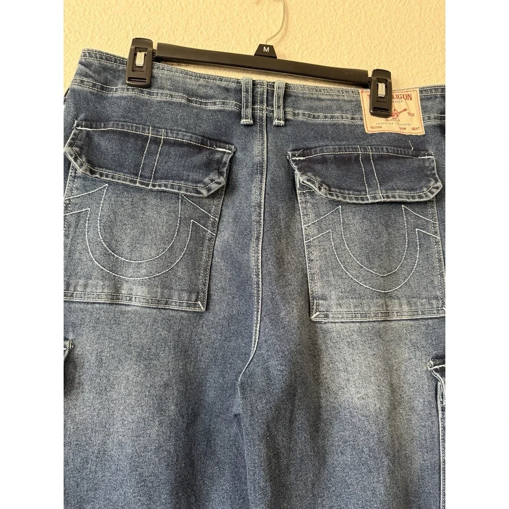 True Religion Mens Cargo Jeans Medium Wash Wide Leg Denim Size 30